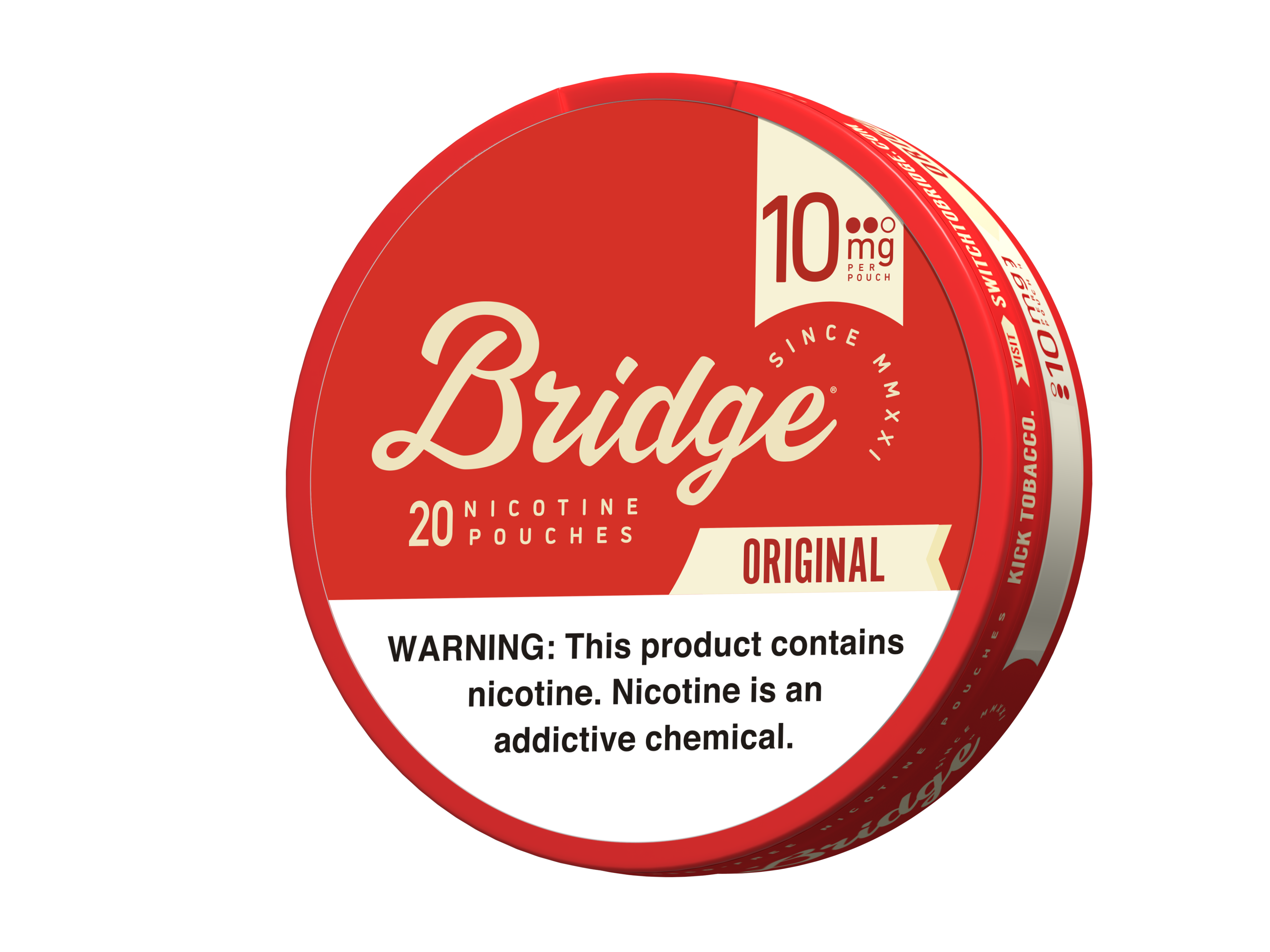 A tin of original flavored nicotine pouches with the bridge logo in the center. These pouches contain 10mg per pouch