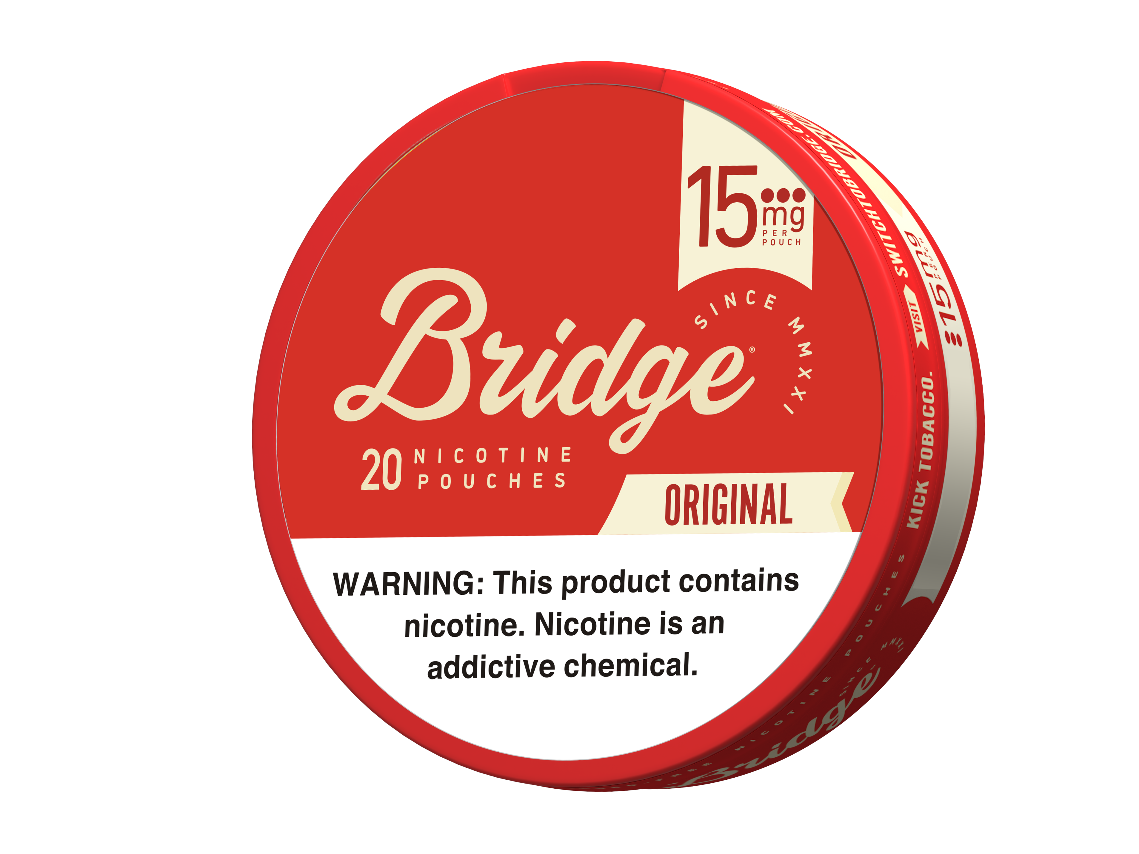 A tin of original flavored nicotine pouches with the bridge logo in the center. These pouches contain 15mg per pouch