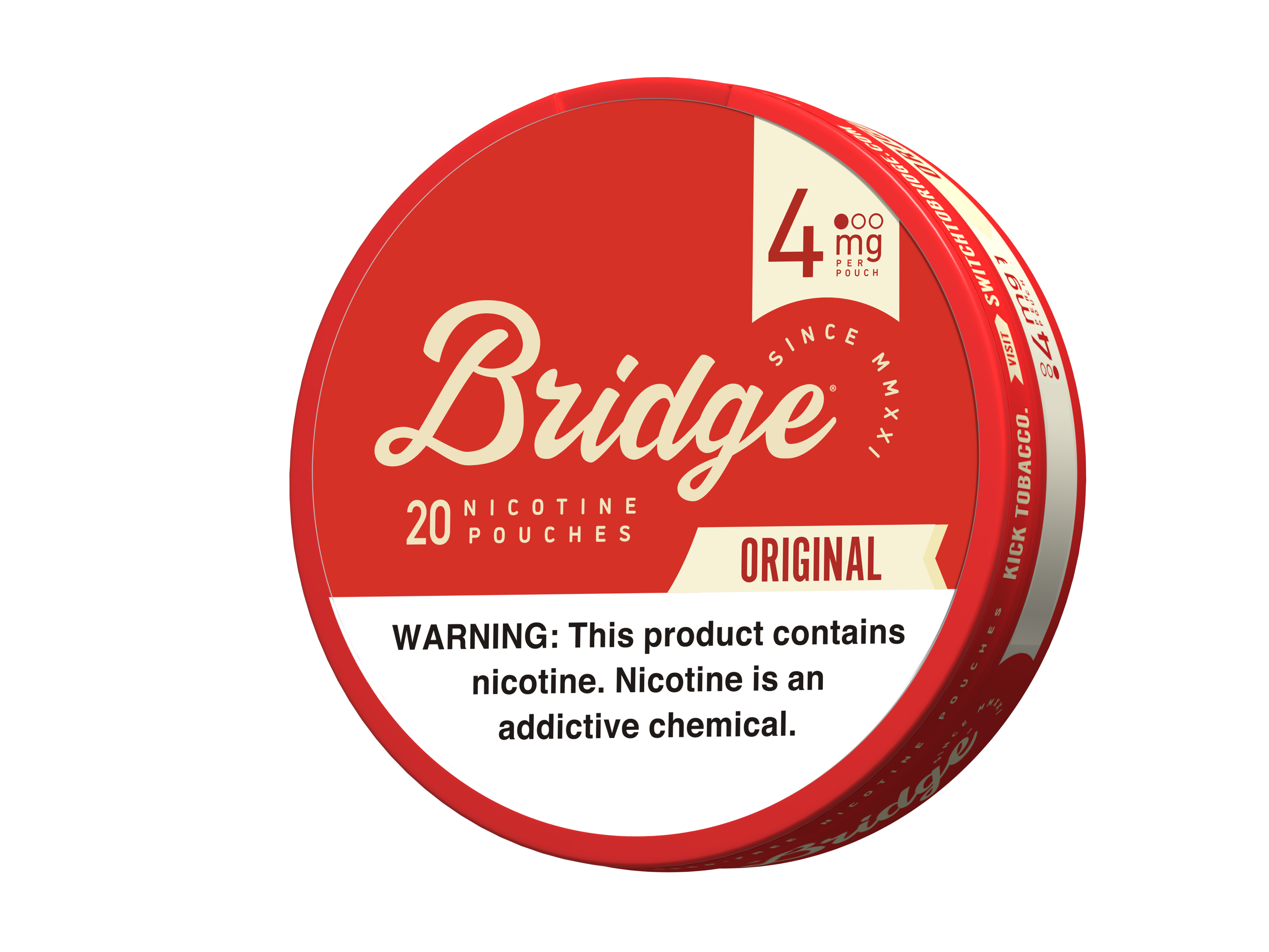 A tin of original flavored nicotine pouches with the bridge logo in the center. These pouches contain 4mg per pouch